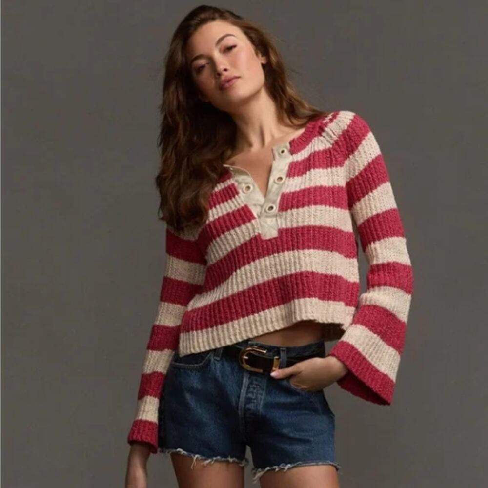 Anthropologie Pilcro Bell-Sleeve Henley Sweater Striped Eyelet Knit‎ Cropped M